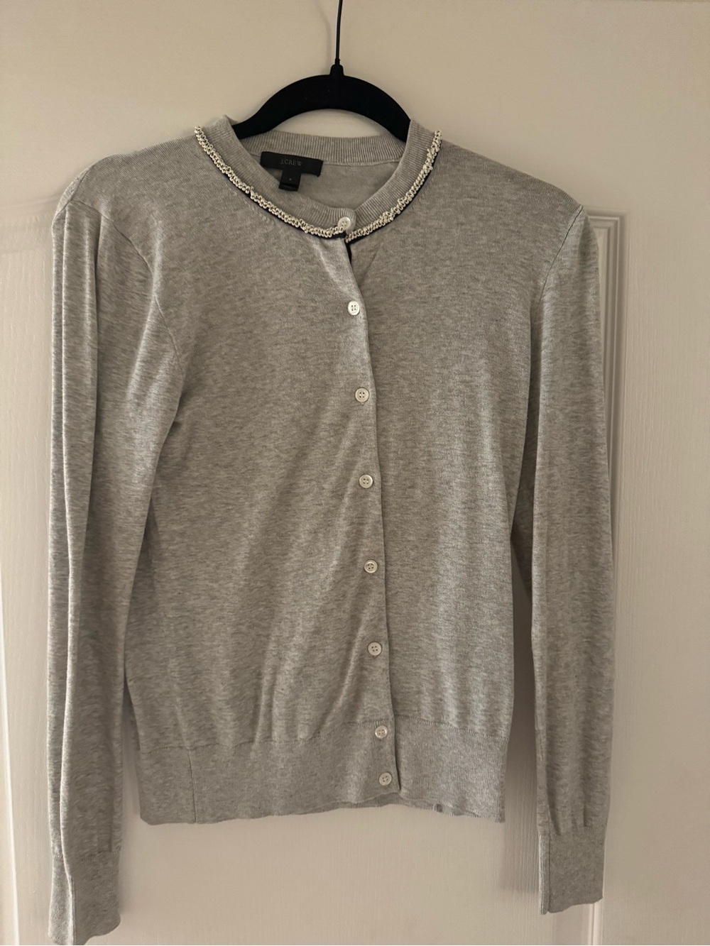 J. Crew Light Gray Crewneck Cardigan with Jewel Trim